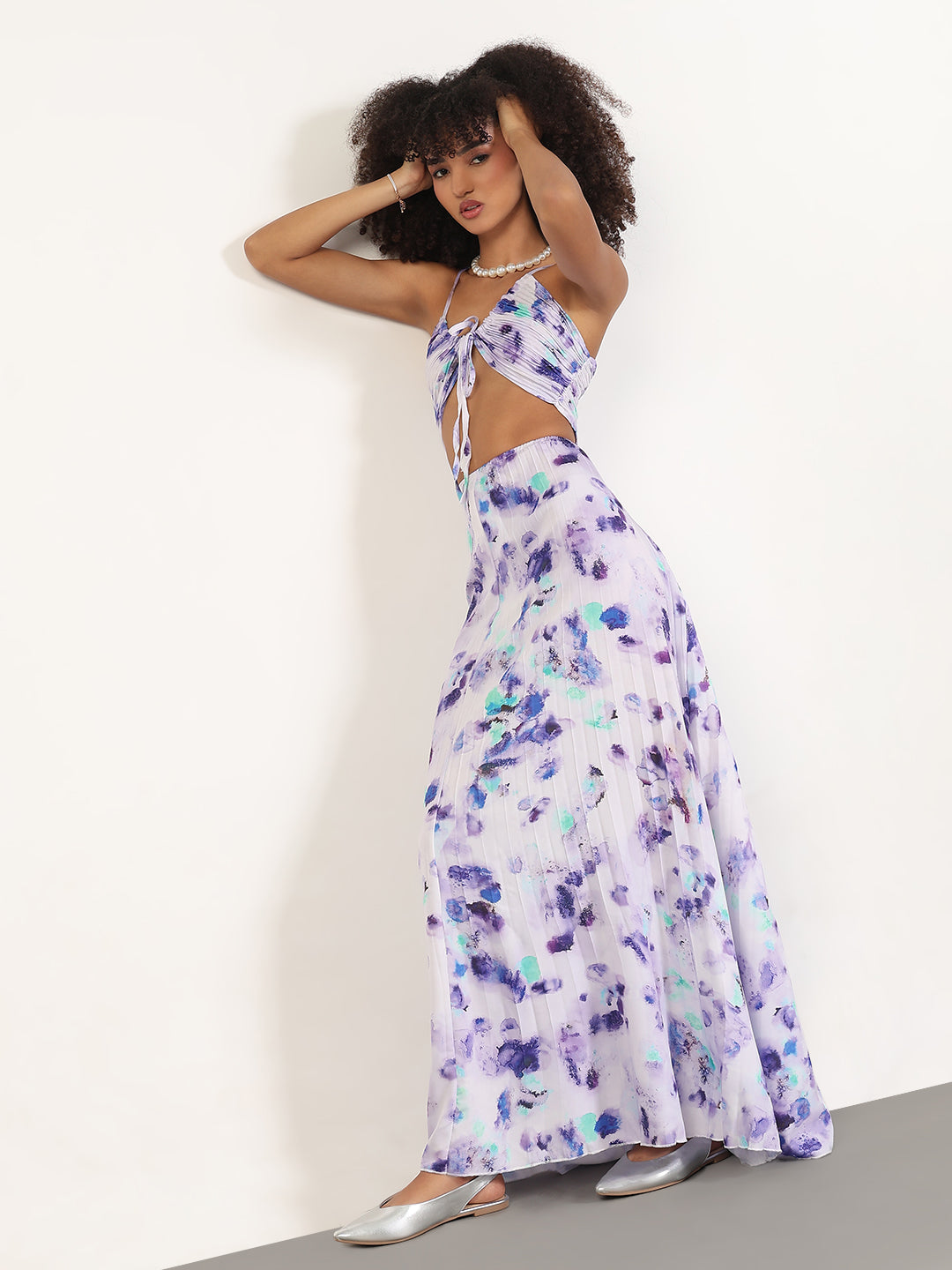 Abstract Violet Fit and Flare Maxi Dress