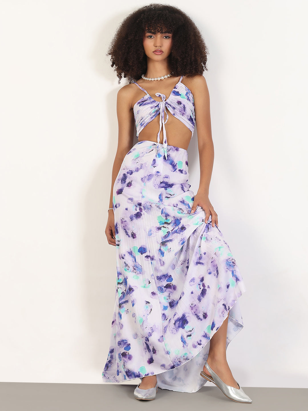 Abstract Violet Fit and Flare Maxi Dress