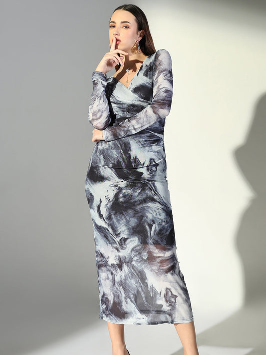 Abstract Print Grey V-Neck Bodycon Dress