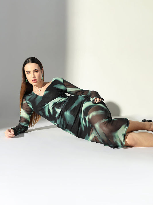 Net Ruched Black V-Neck Full Sleeves Midi Dress