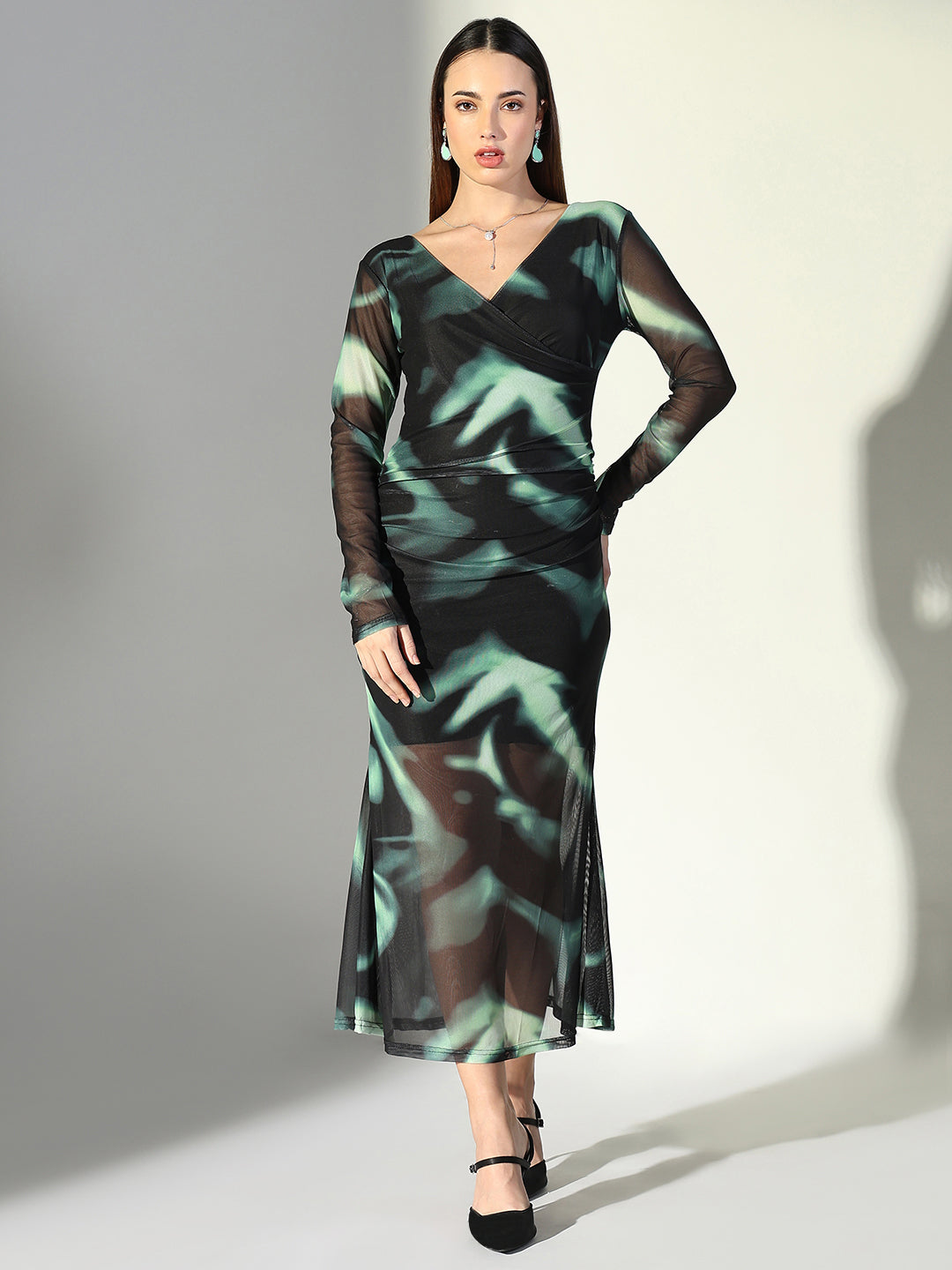 Net Ruched Black V-Neck Full Sleeves Midi Dress