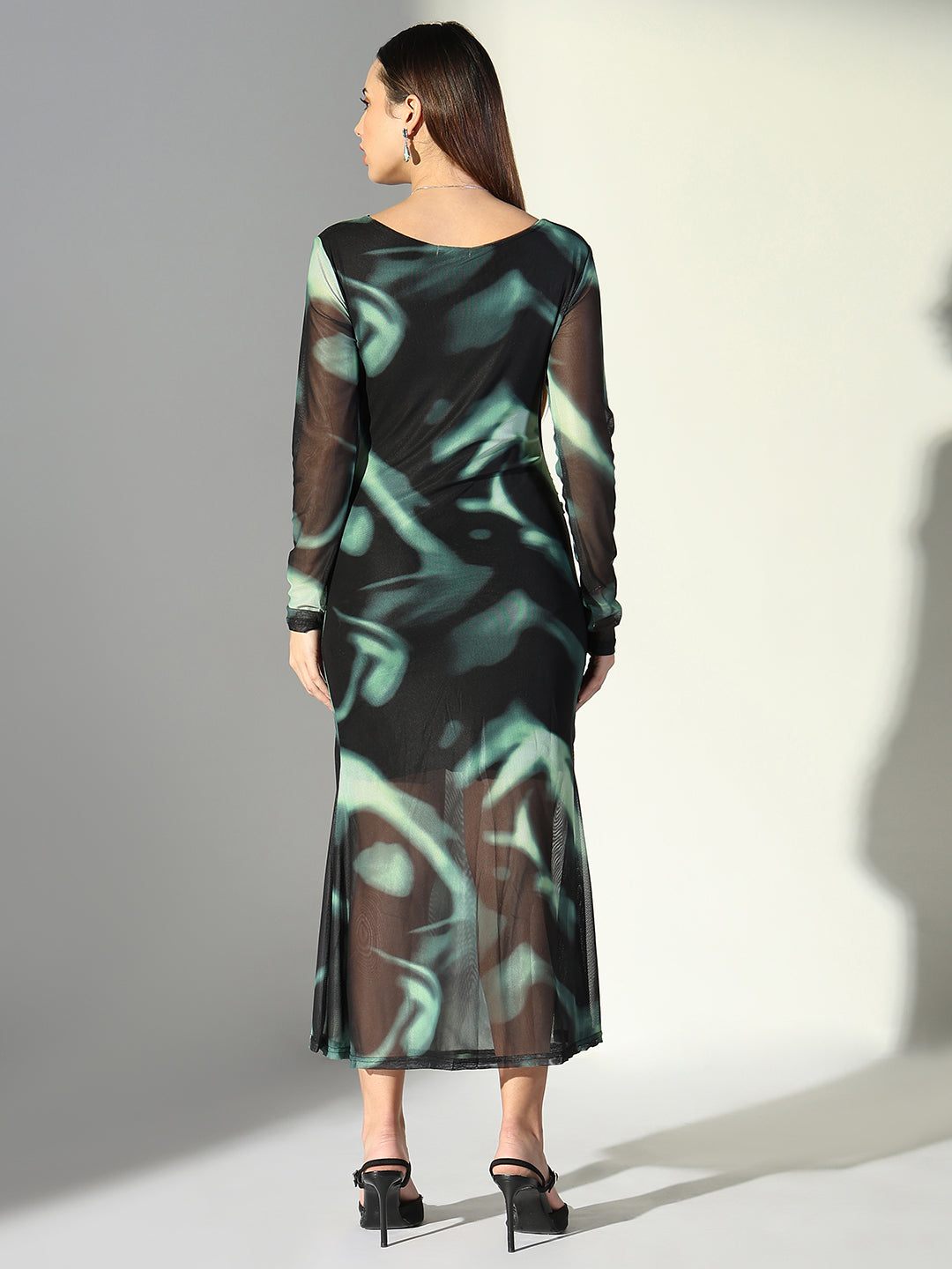 Net Ruched Black V-Neck Full Sleeves Midi Dress