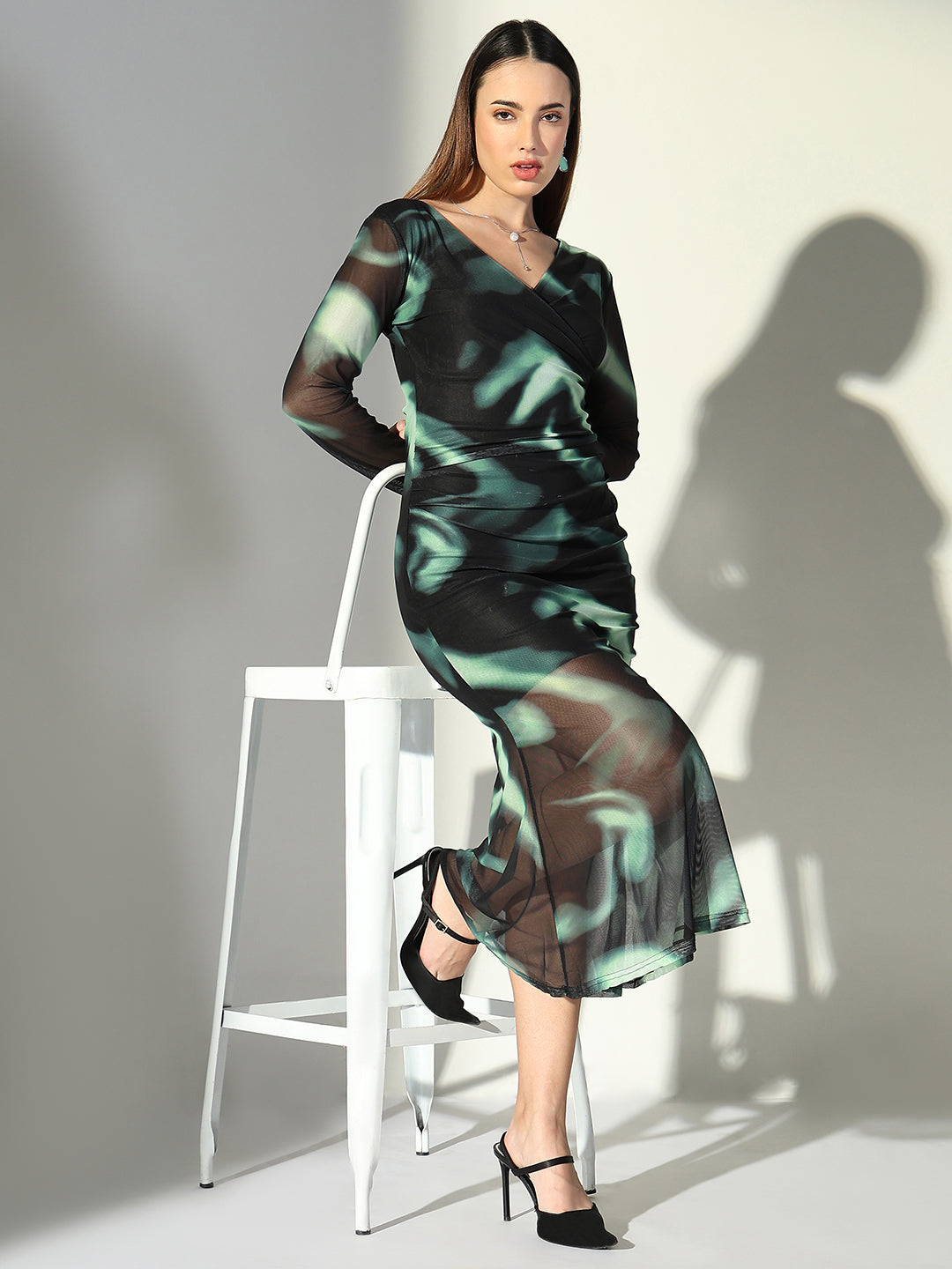 Net Ruched Black V-Neck Full Sleeves Midi Dress