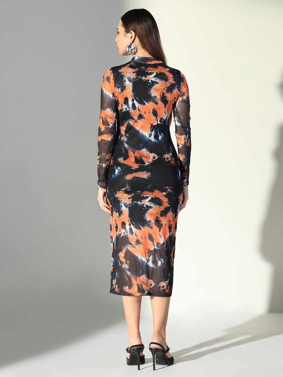Abstract Print Black High Neck Full Sleeves Bodycon Dress