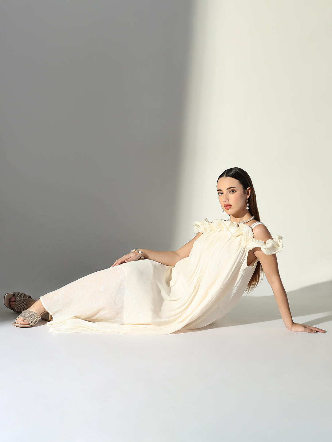 Ruffle Embellished Off Shoulder Cream Maxi Dress