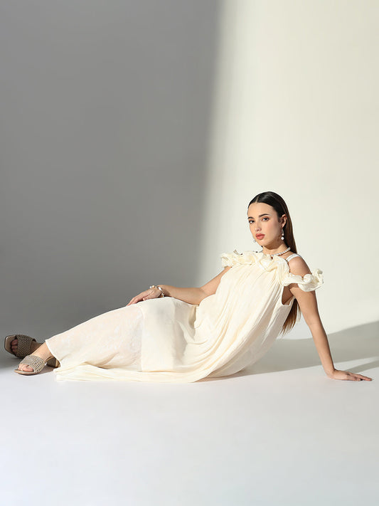 Ruffle Embellished Off Shoulder Cream Maxi Dress