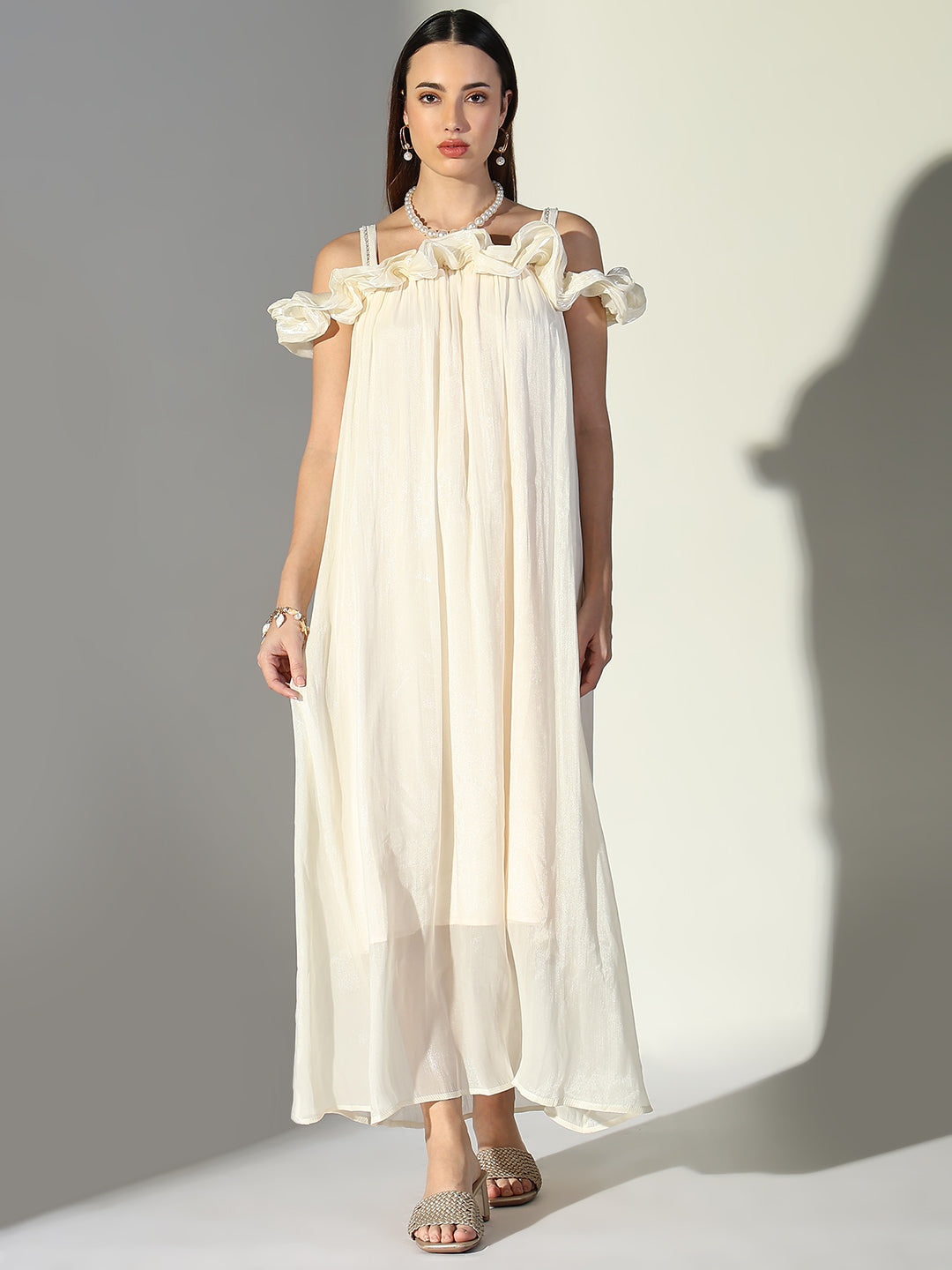 Ruffle Embellished Off Shoulder Cream Maxi Dress