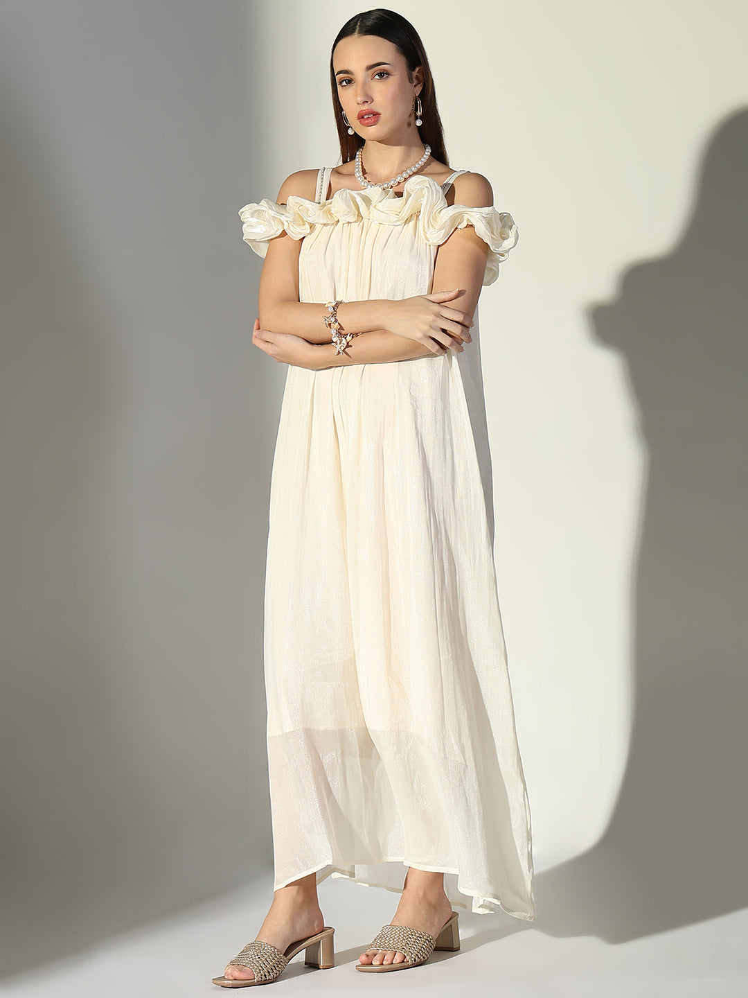 Ruffle Embellished Off Shoulder Cream Maxi Dress