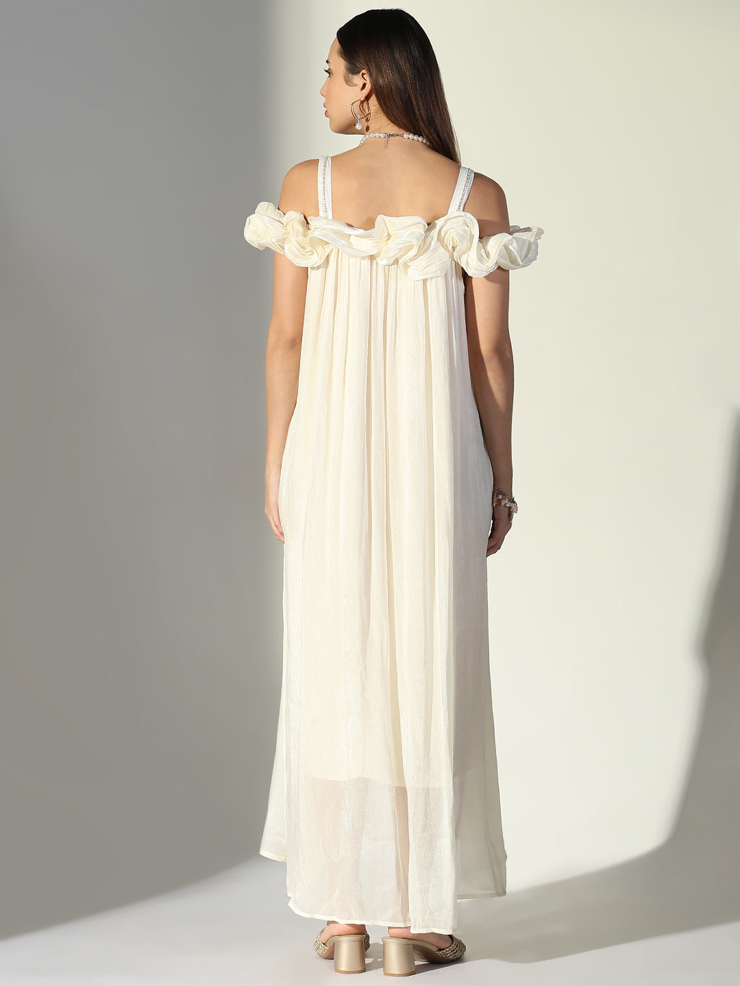 Ruffle Embellished Off Shoulder Cream Maxi Dress