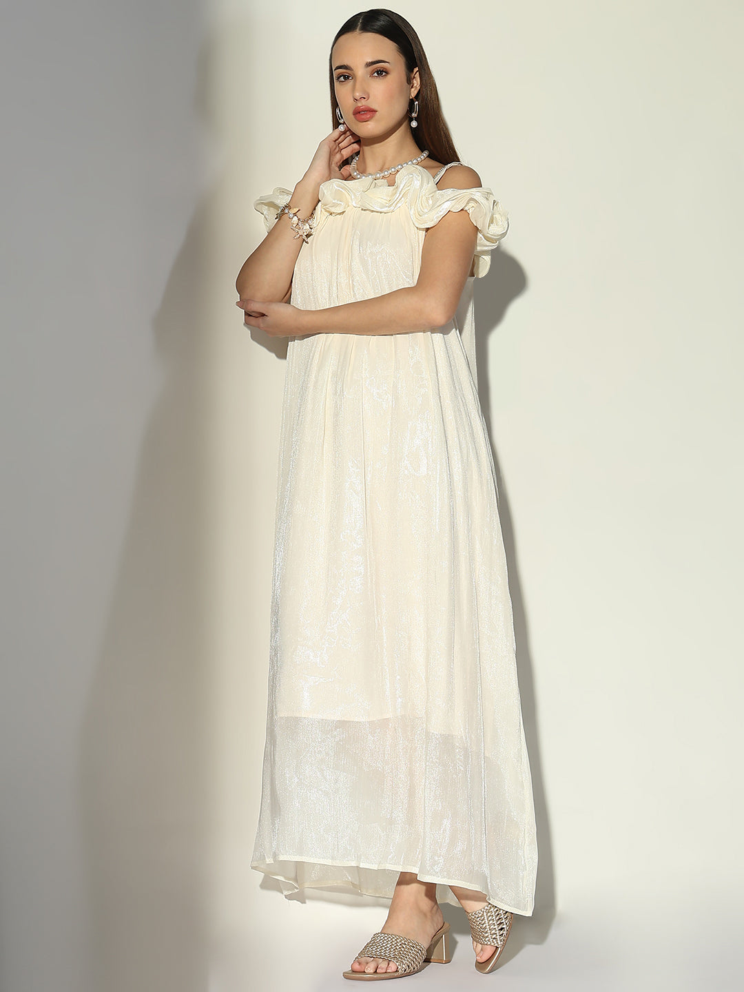 Ruffle Embellished Off Shoulder Cream Maxi Dress