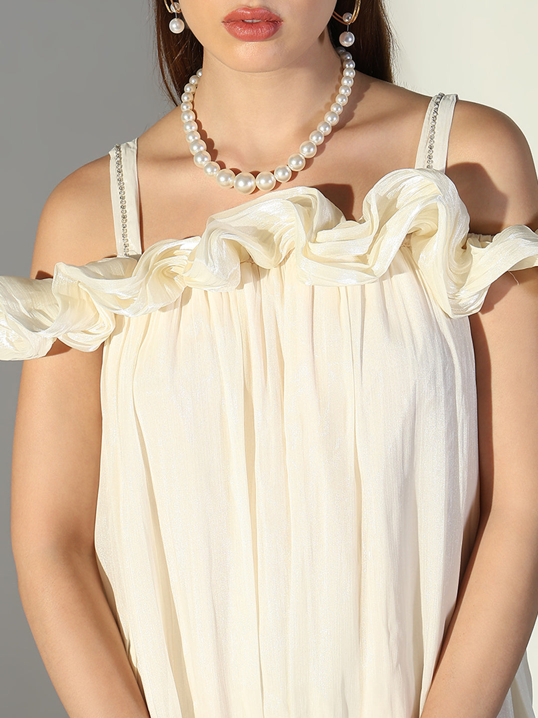 Ruffle Embellished Off Shoulder Cream Maxi Dress