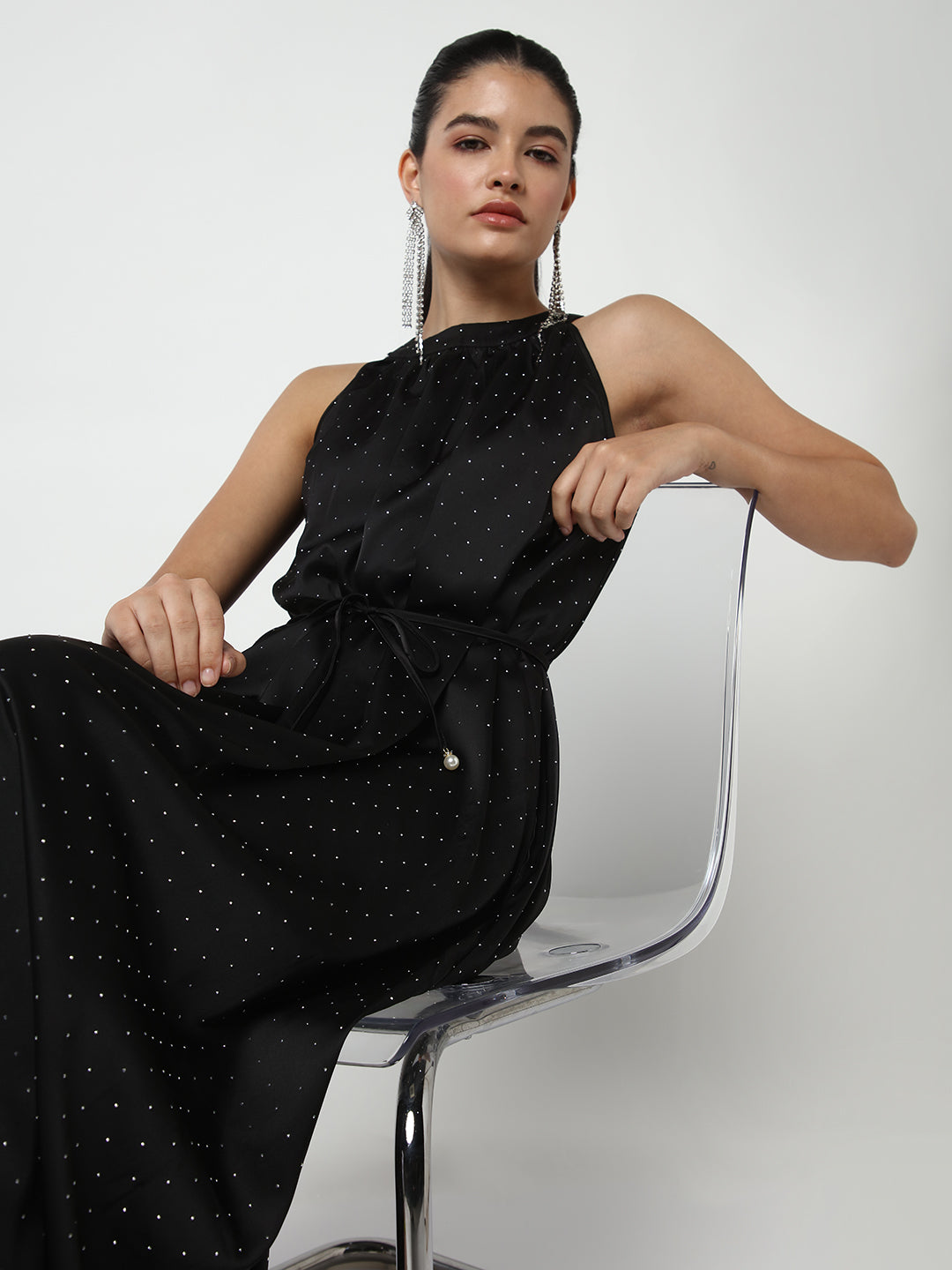 Embellished Black High Neck Satin Dress with waist Tie