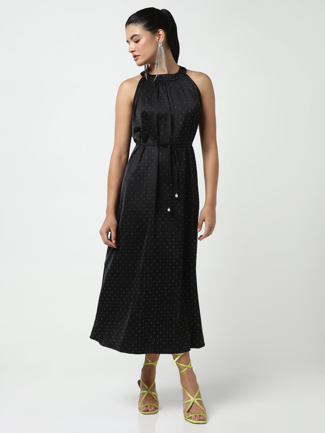 Embellished Black High Neck Satin Dress with waist Tie