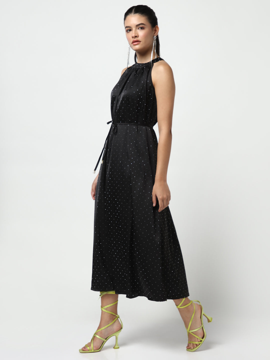 Embellished Black High Neck Satin Dress with waist Tie