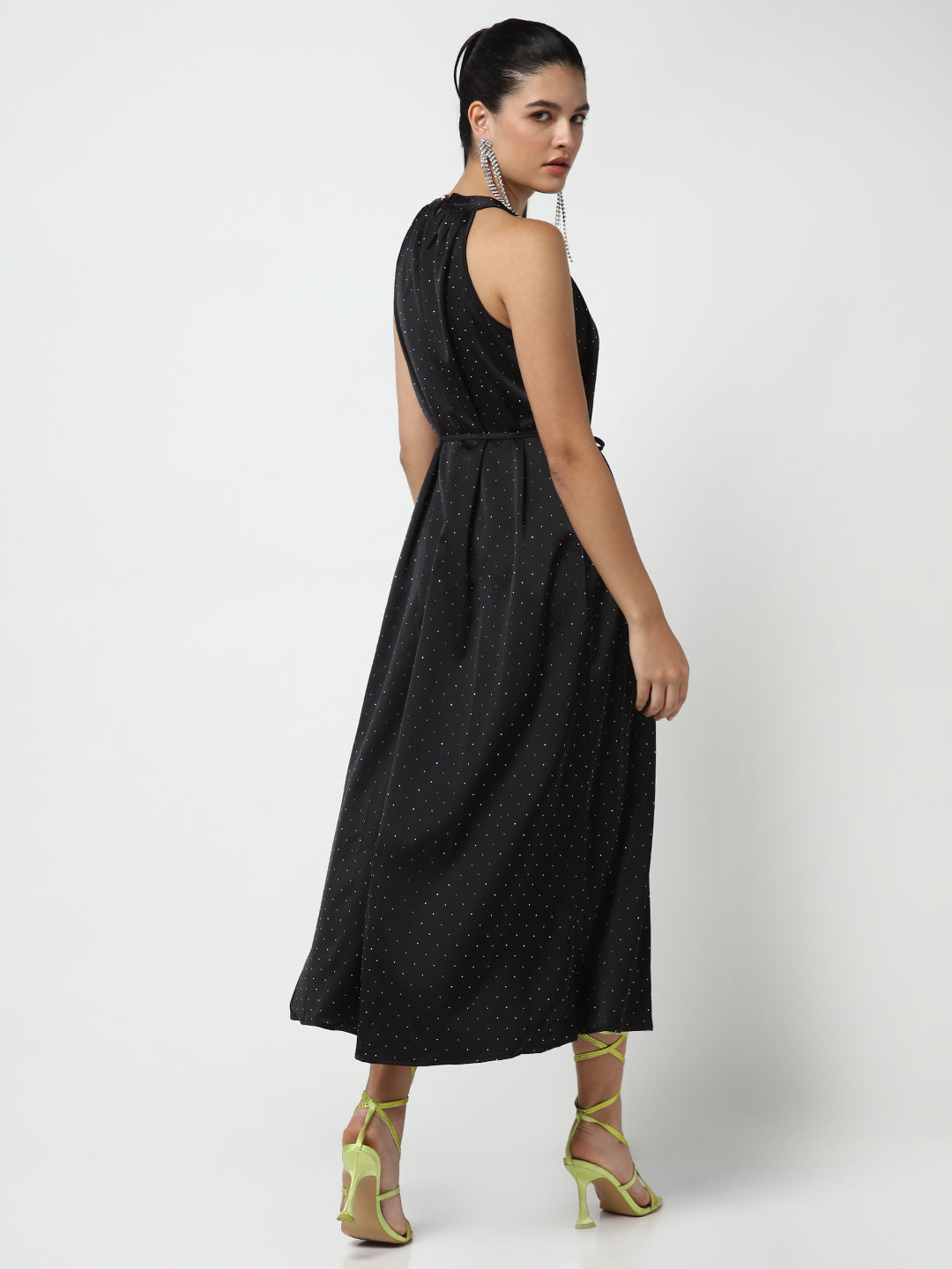 Embellished Black High Neck Satin Dress with waist Tie