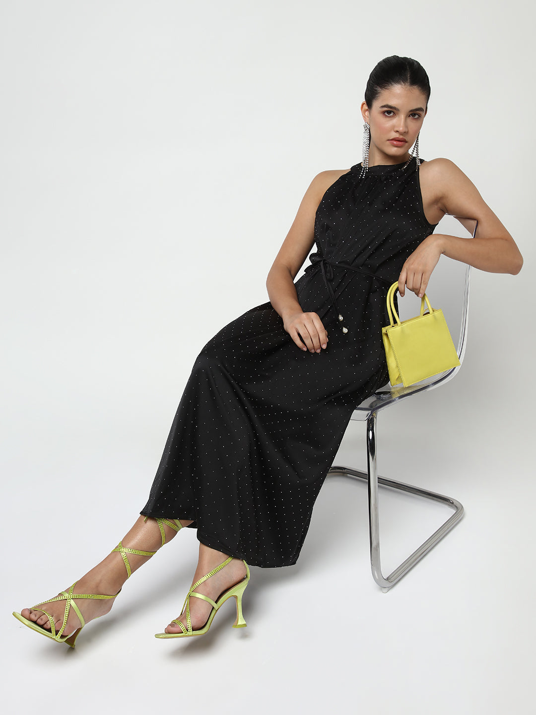 Embellished Black High Neck Satin Dress with waist Tie