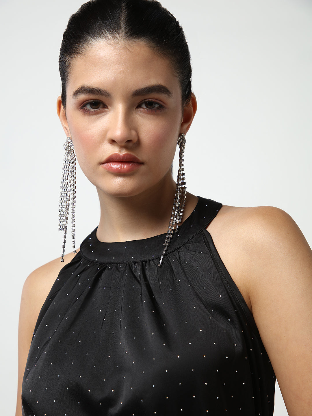 Embellished Black High Neck Satin Dress with waist Tie