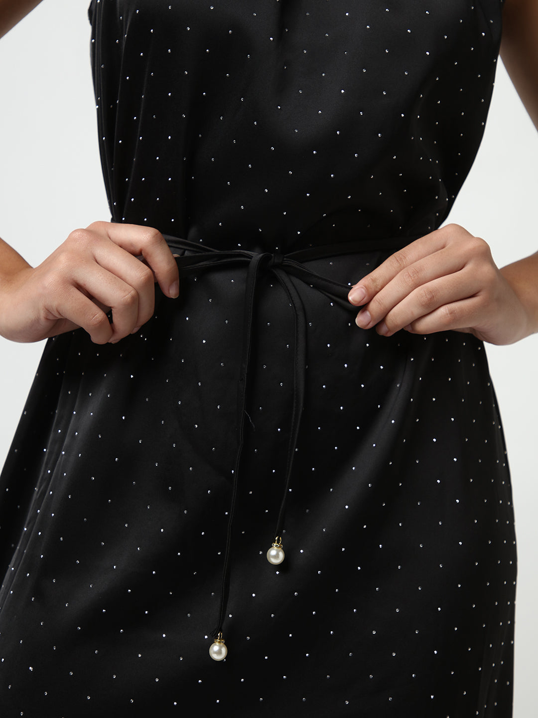 Embellished Black High Neck Satin Dress with waist Tie