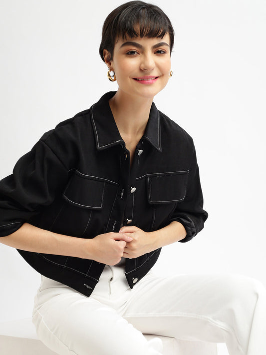 Black Spread Collar Solid Cotton Casual Tailored Windcheater Jacket