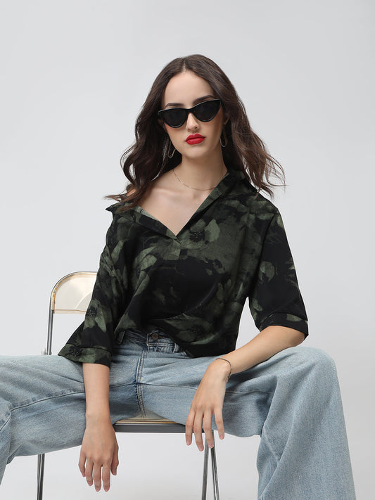 Women's Printed Black Spread Collar Relaxed Fit Shirts