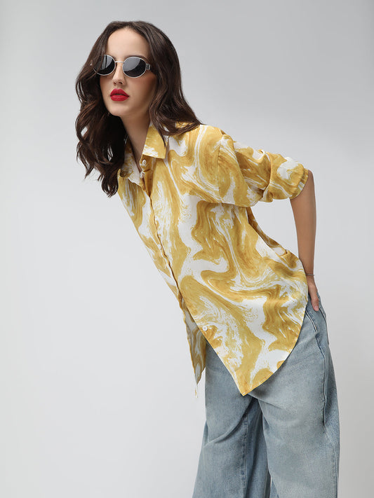 Women's Printed Yellow Spread Collar Relaxed Fit Shirts