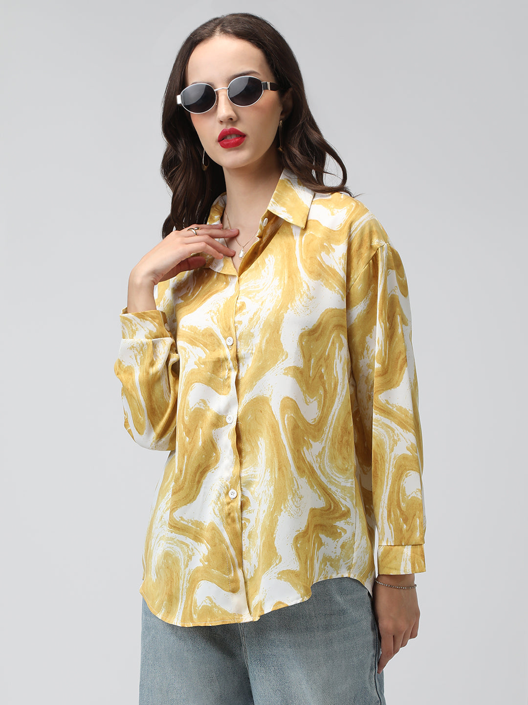 Women's Printed Yellow Spread Collar Relaxed Fit Shirts