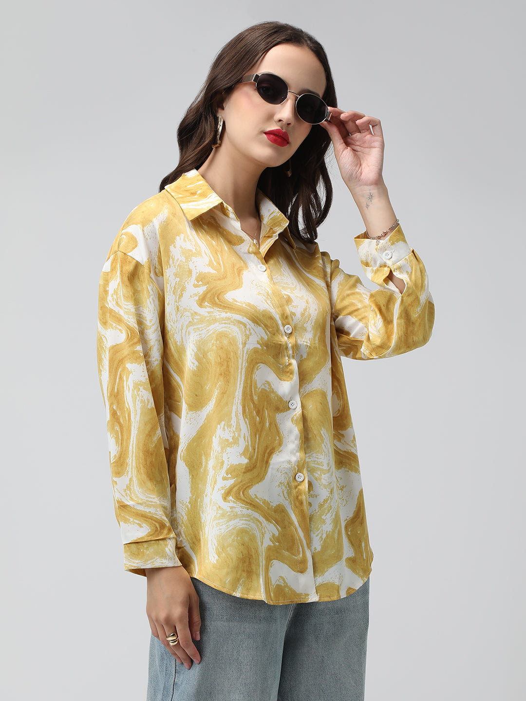 Women's Printed Yellow Spread Collar Relaxed Fit Shirts