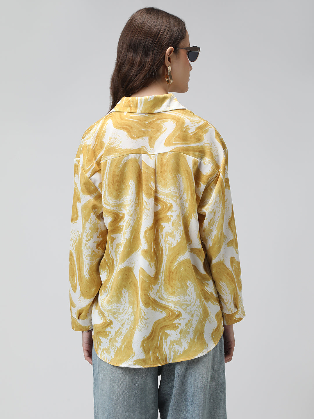 Women's Printed Yellow Spread Collar Relaxed Fit Shirts