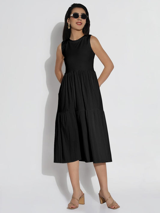 Black Sleeveless Flared Midi Dress