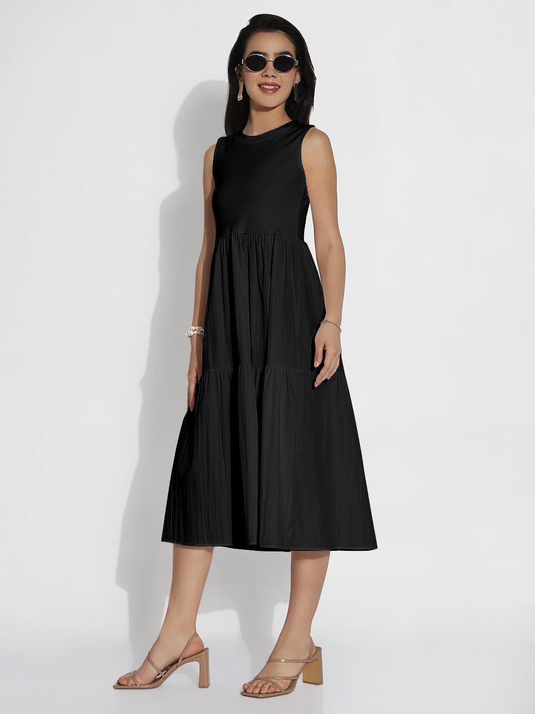 Black Sleeveless Flared Midi Dress
