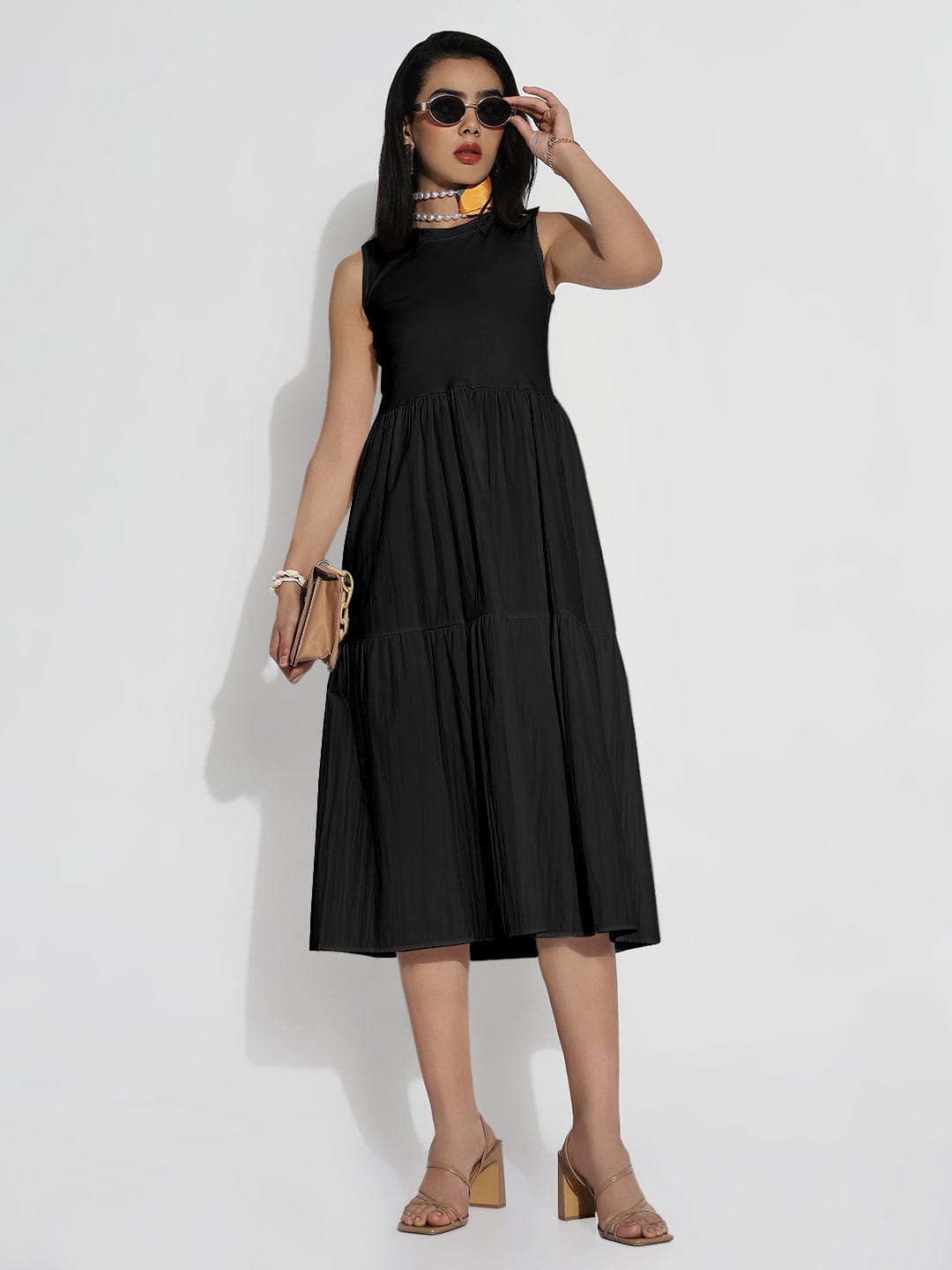 Black Sleeveless Flared Midi Dress