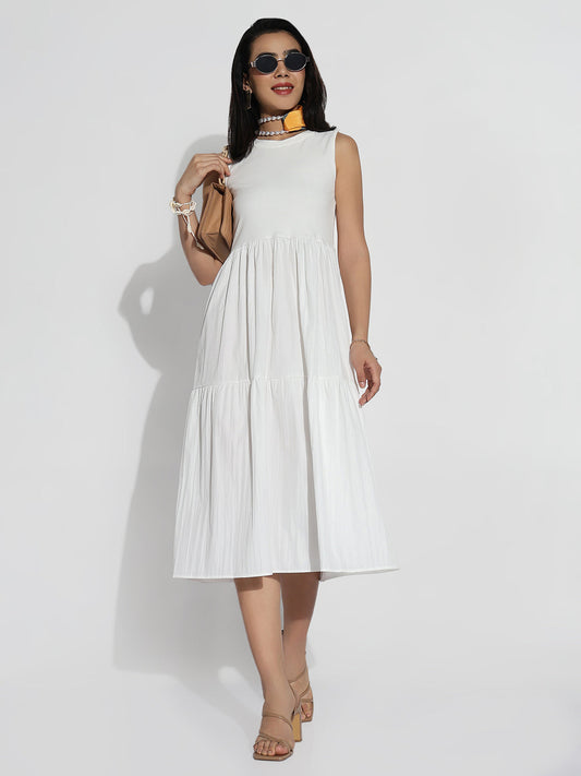 White Solid Fit and Flare Dress