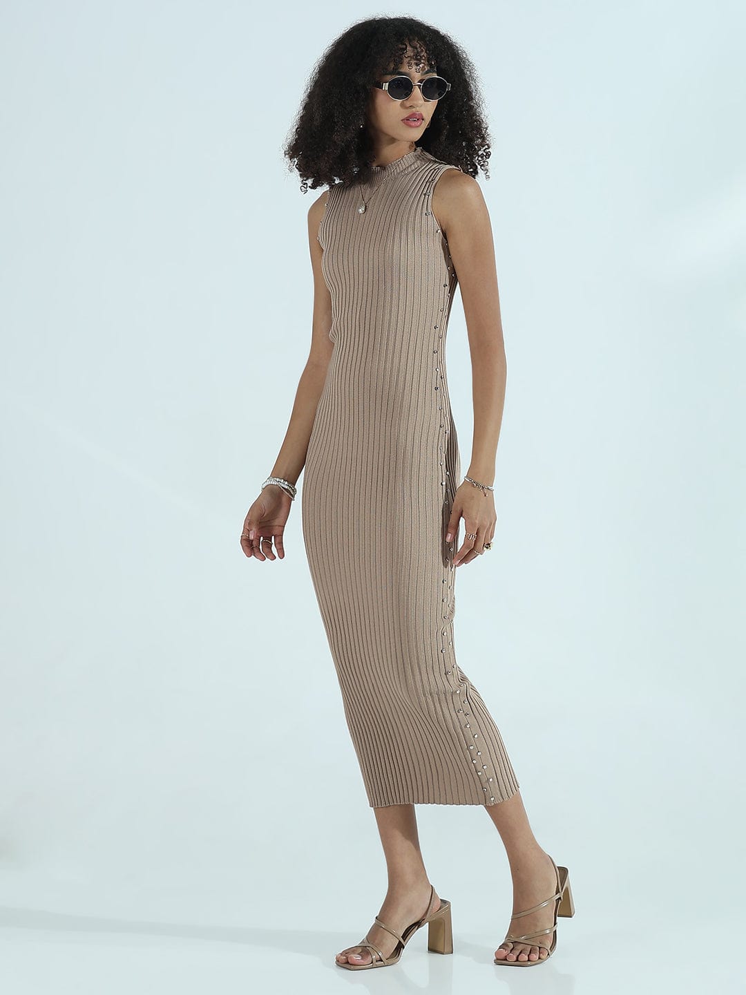 Ribbed Beige High Neck Bodycon Midi Dress