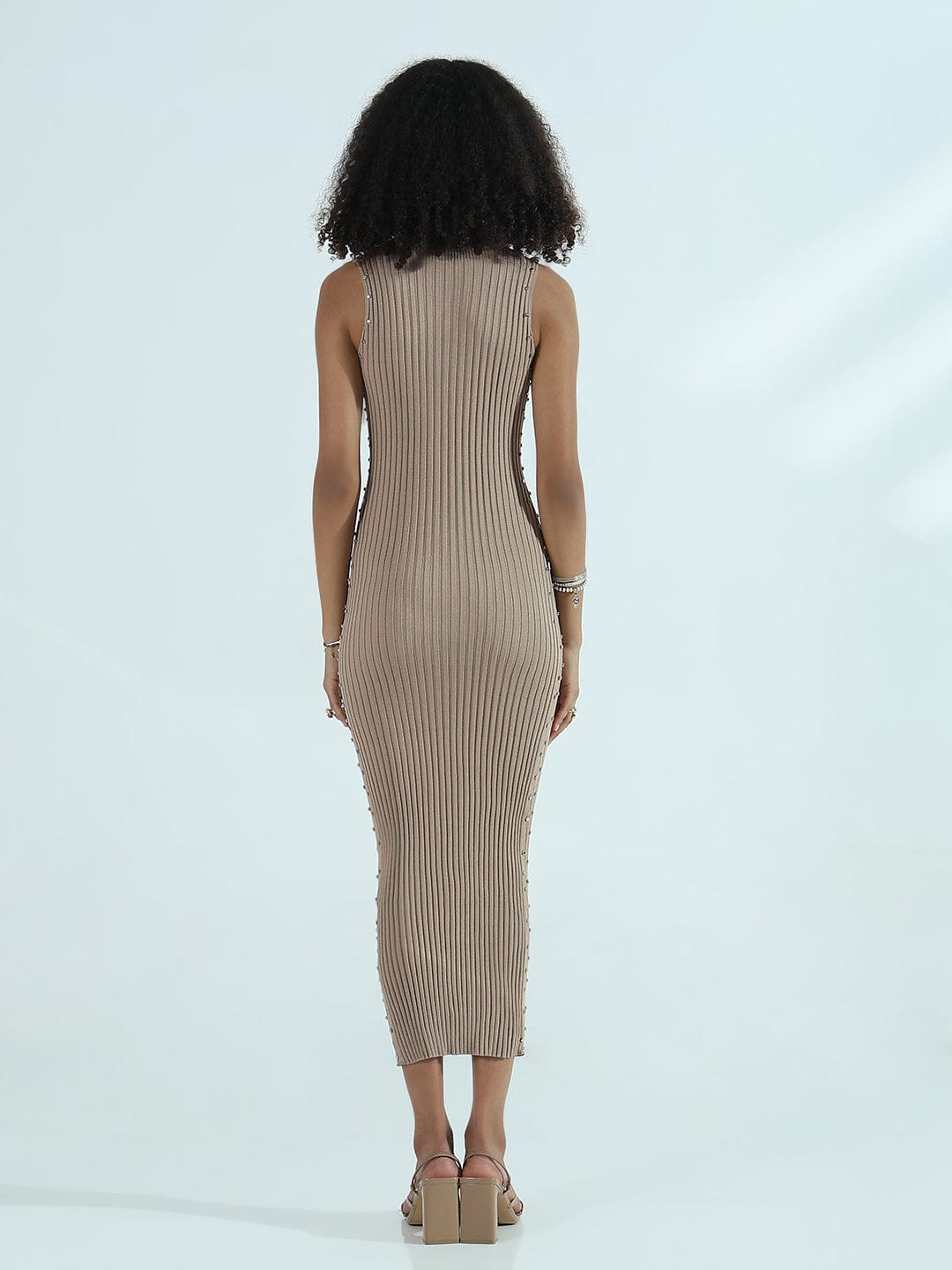 Ribbed Beige High Neck Bodycon Midi Dress