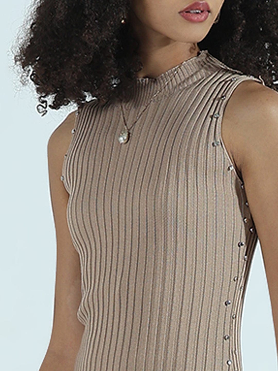 Ribbed Beige High Neck Bodycon Midi Dress