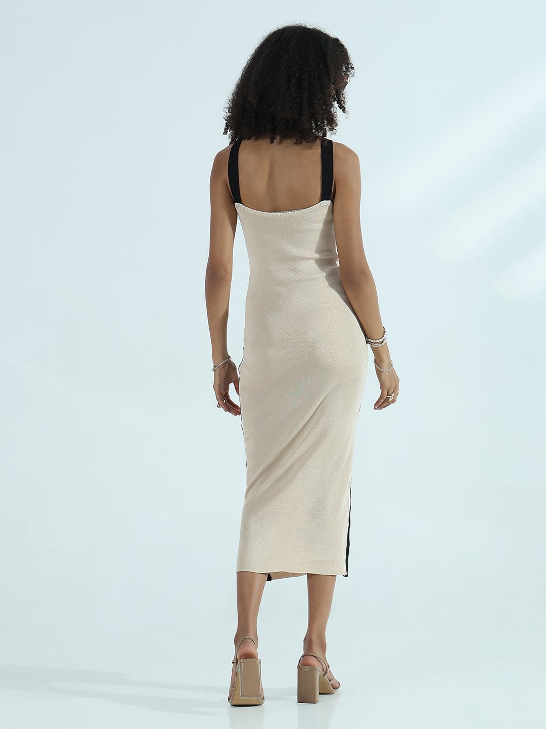 Ribbed Beige Halter Neck Bodycon Dress