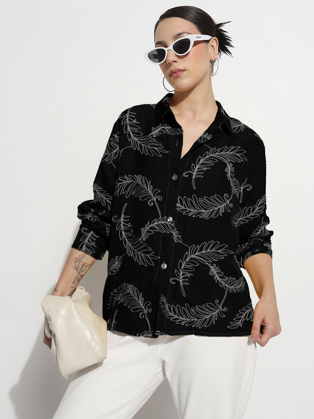 Women's Embroidery Black Regular Fit Shirt