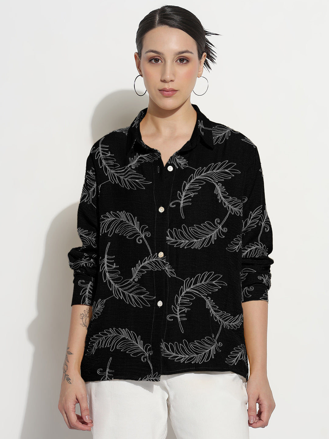Women's Embroidery Black Regular Fit Shirt