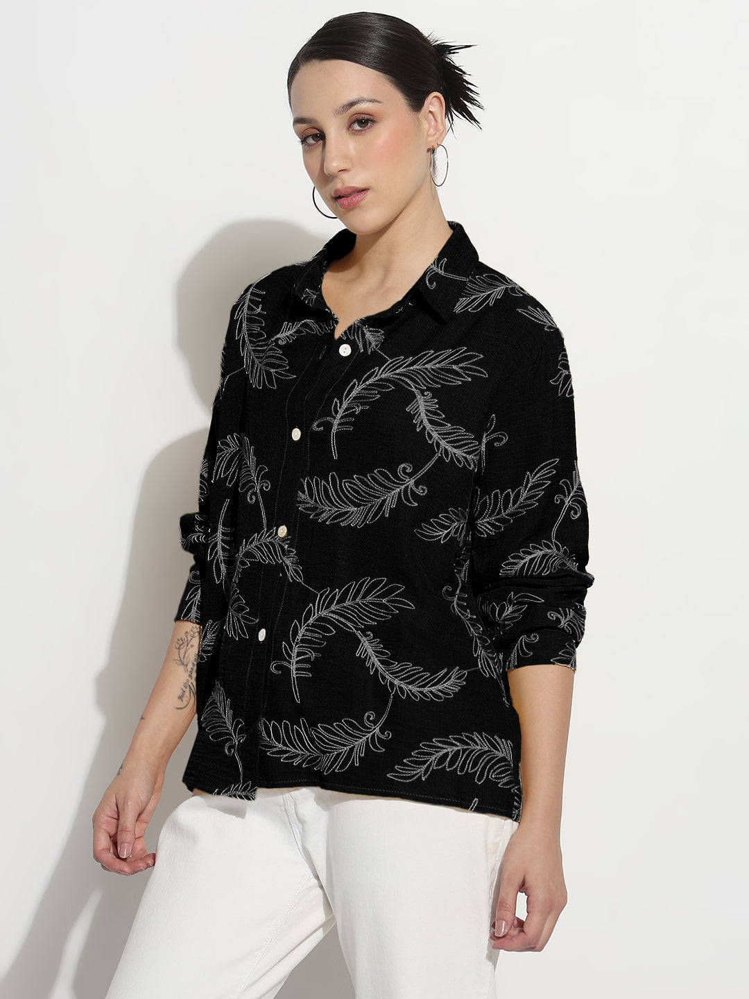 Women's Embroidery Black Regular Fit Shirt