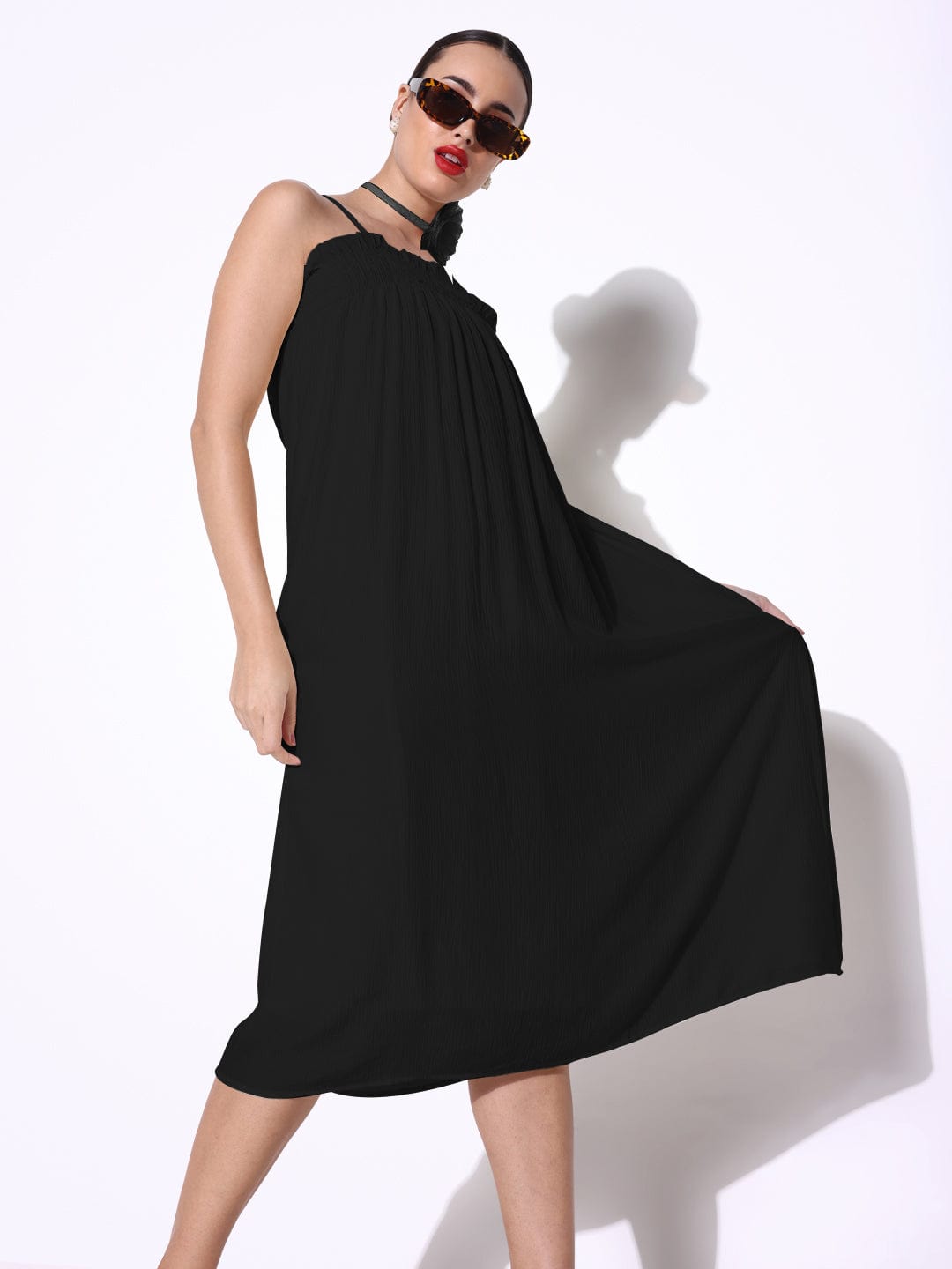 Black Slip on A-Line Dress with Flower Neck Tie