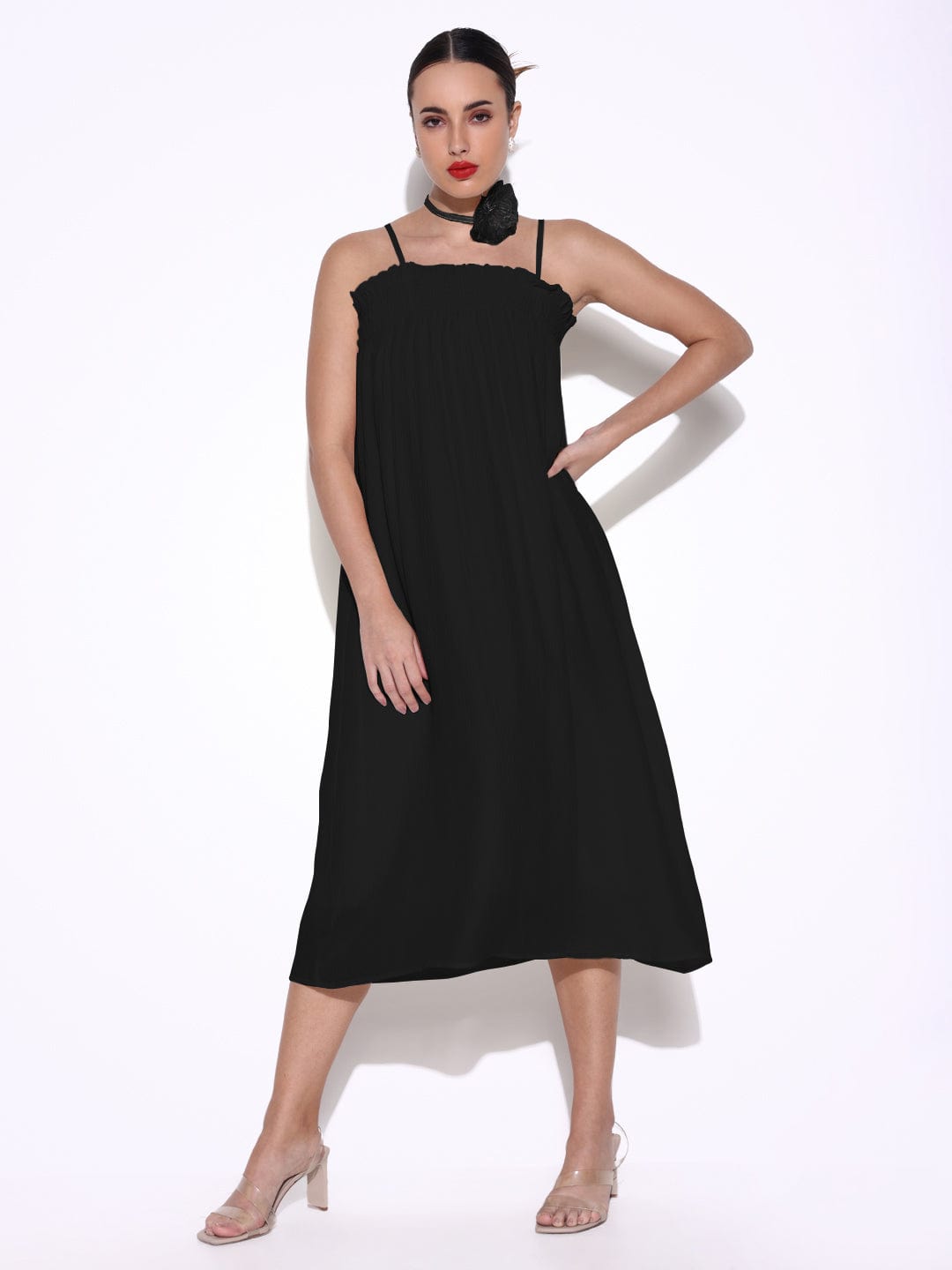 Black Slip on A-Line Dress with Flower Neck Tie