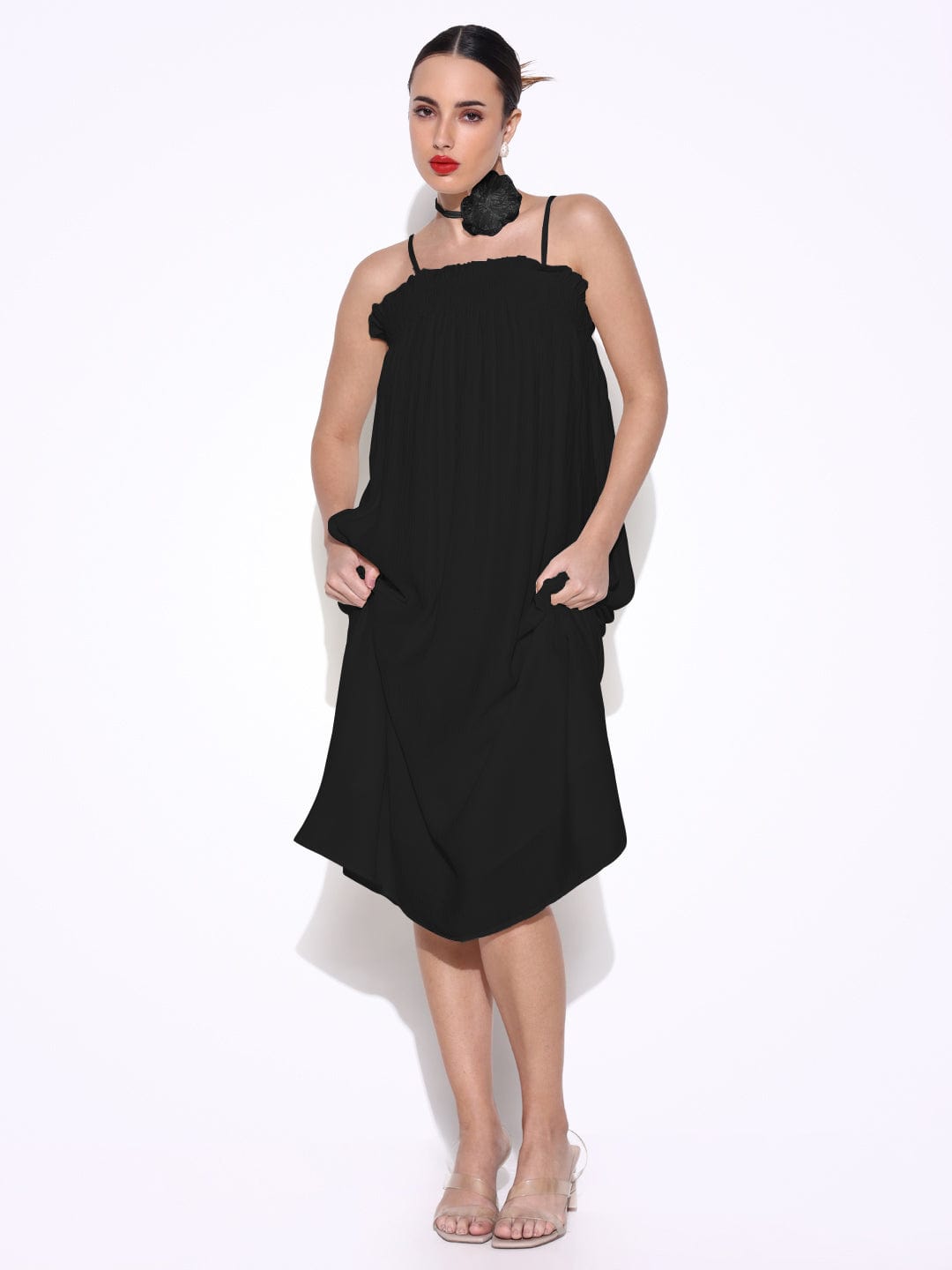 Black Slip on A-Line Dress with Flower Neck Tie