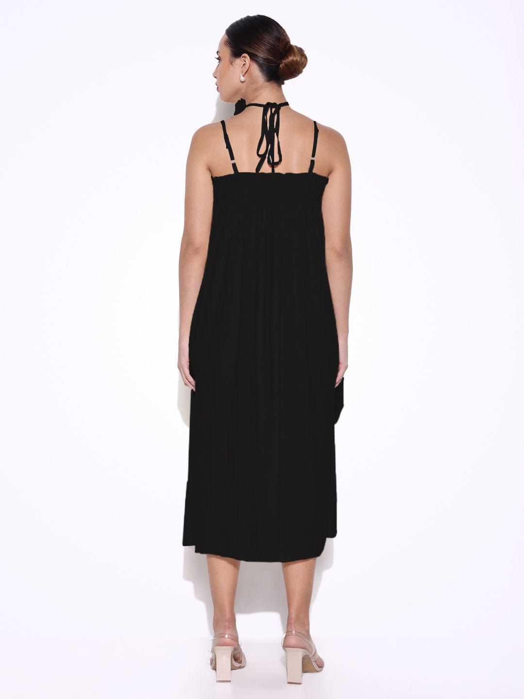 Black Slip on A-Line Dress with Flower Neck Tie