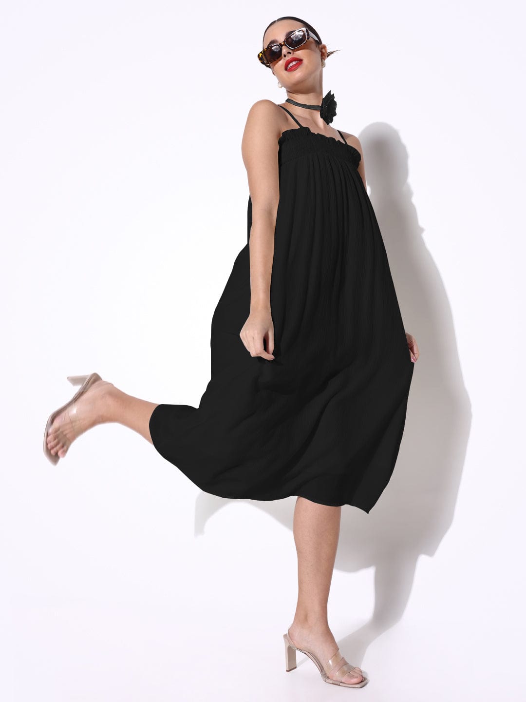 Black Slip on A-Line Dress with Flower Neck Tie