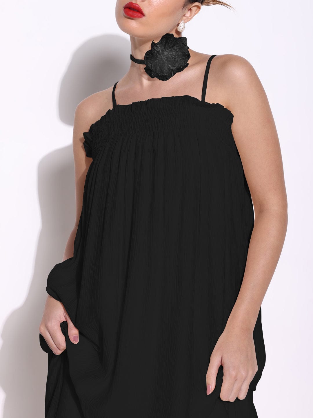 Black Slip on A-Line Dress with Flower Neck Tie