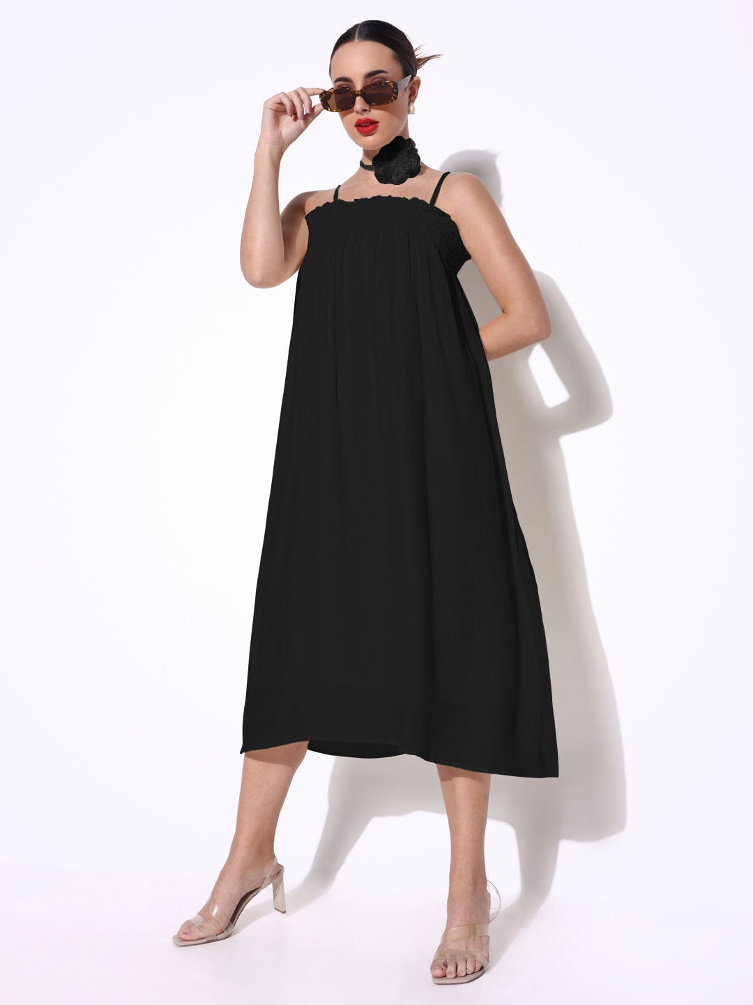 Black Slip on A-Line Dress with Flower Neck Tie