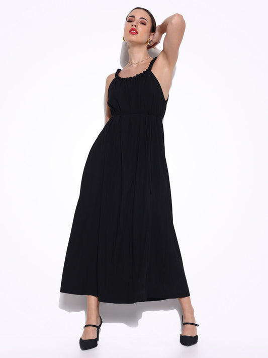 Black Beaded Neck Slip On Maxi Dress with Waist Tie
