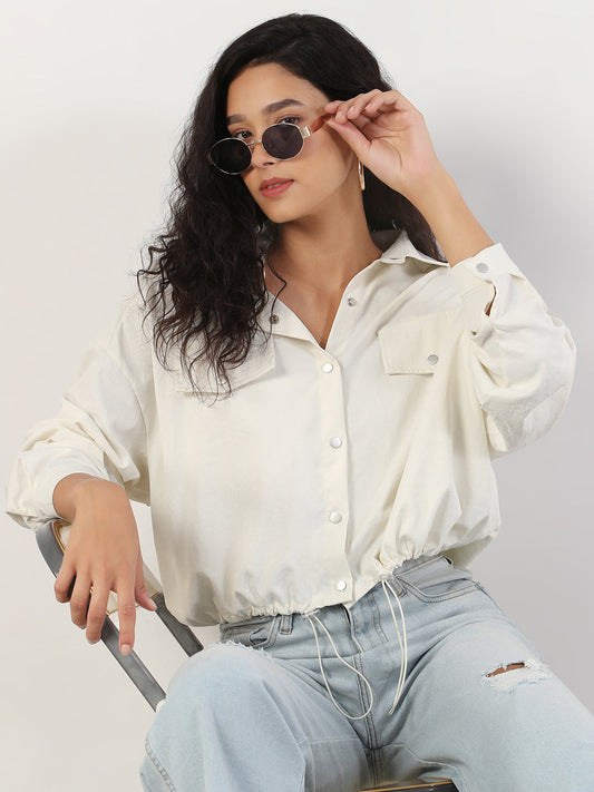 Spread Collar Cream Solid Tailored Jacket