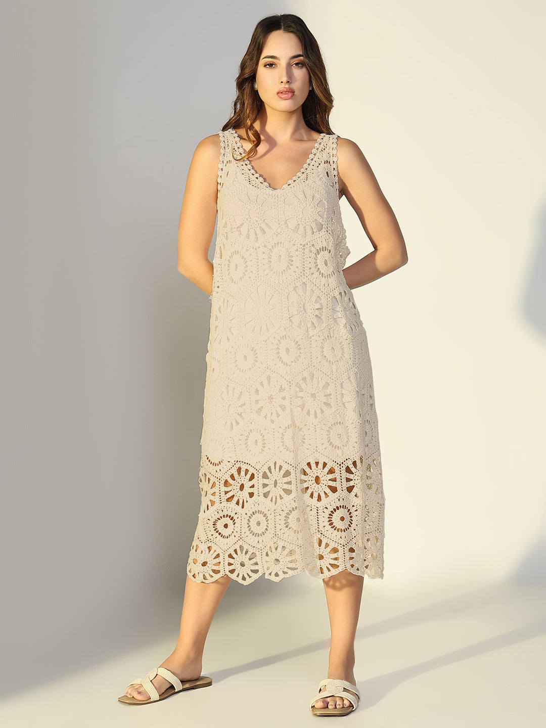 Cream Solid A-Line Crochet Dress