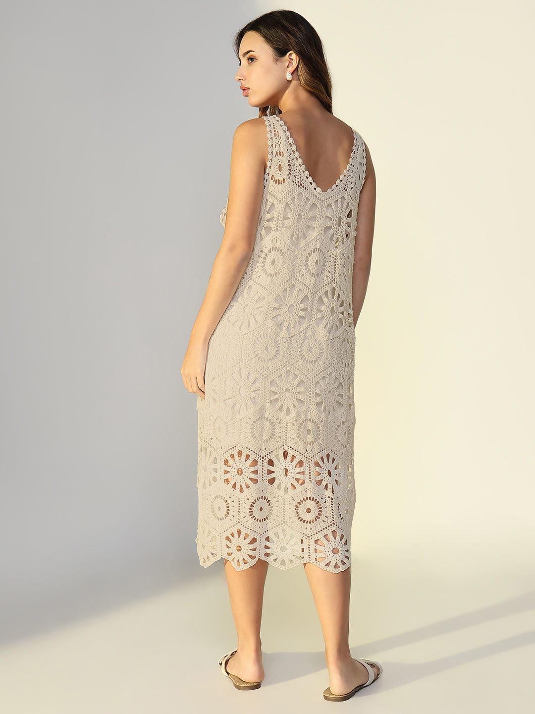 Cream Solid A-Line Crochet Dress